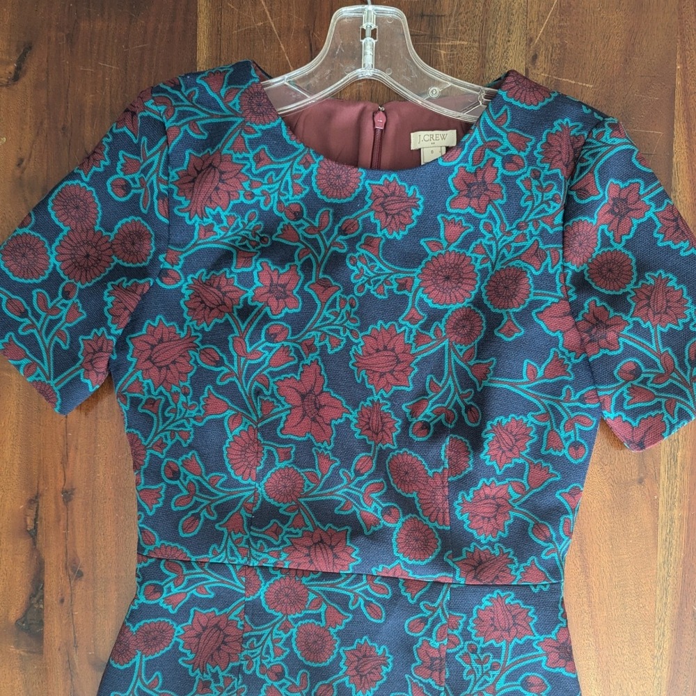 J.Crew Sheath Dress Blue Teal Burgundy Floral Print Short Sleeve Sz 0 Mod Retro‎ - Picture 10 of 11